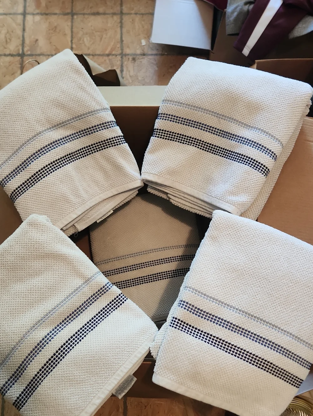 Set of 5 White Waffle Weave Oversized Bath Towels with Navy Stripes